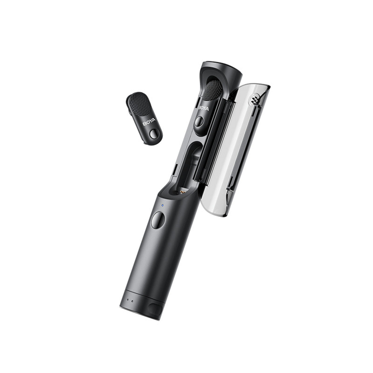 Black and silver electronic device with a microphone on a white background