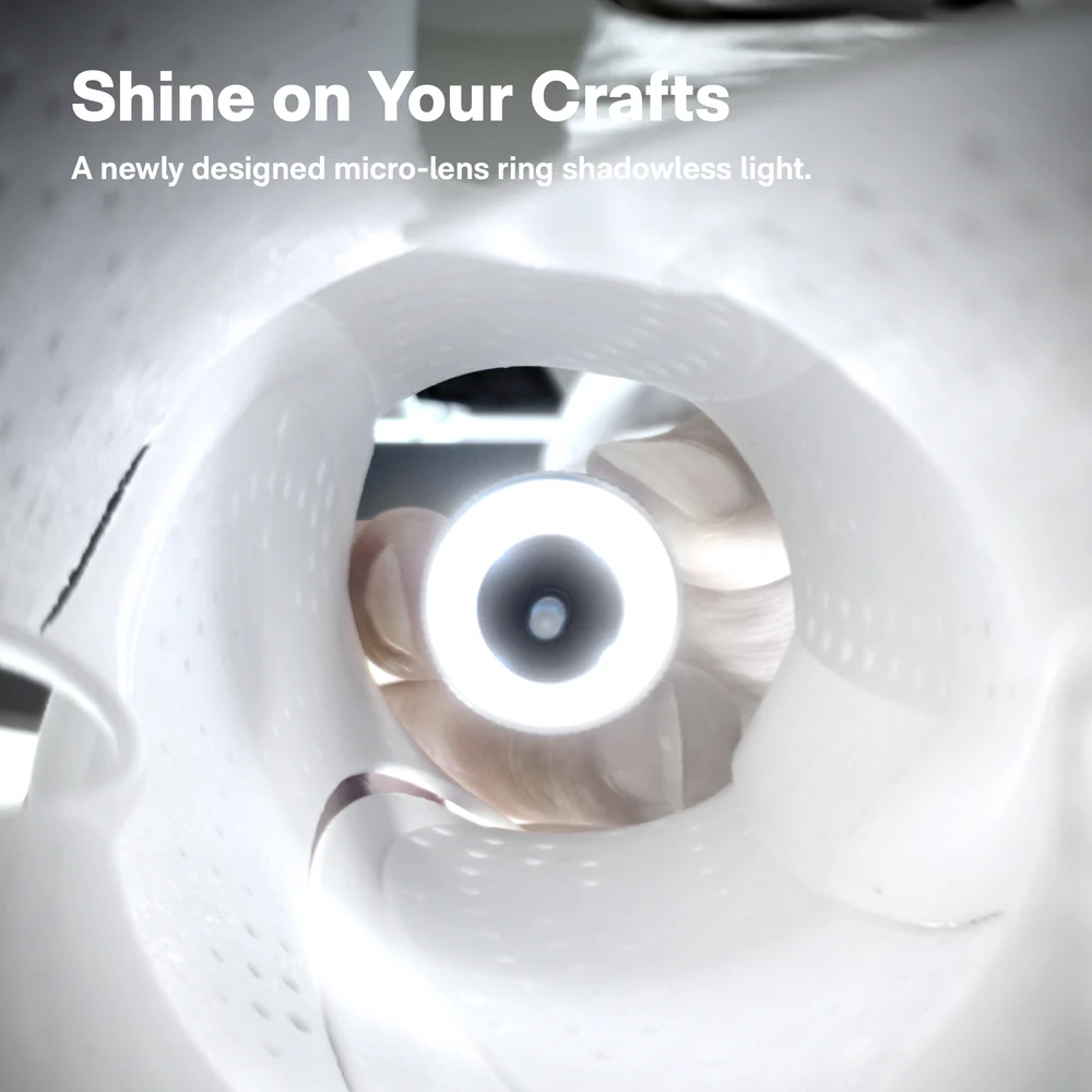 Micro-lens ring shadowless light with text 'Shine on Your Crafts' and 'A newly designed micro-lens ring shadowless light.'