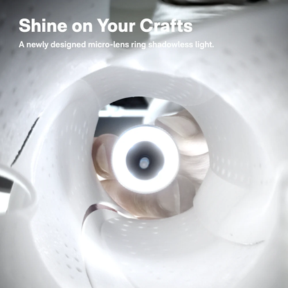 Micro-lens ring shadowless light with text 'Shine on Your Crafts' and 'A newly designed micro-lens ring shadowless light.'