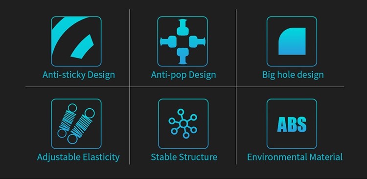 Set of icons representing different design features on a black background