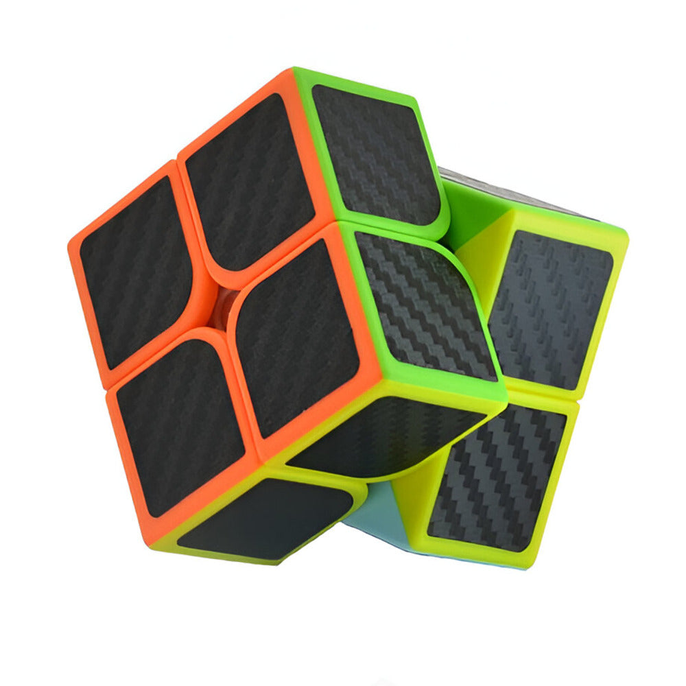 Rubik's cube-like puzzle with carbon fiber texture on a white background