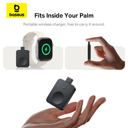 Baseus portable wireless charger with a smartwatch and phone on a white background