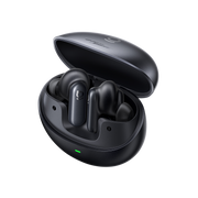 Black wireless earbuds in an open charging case on a white background