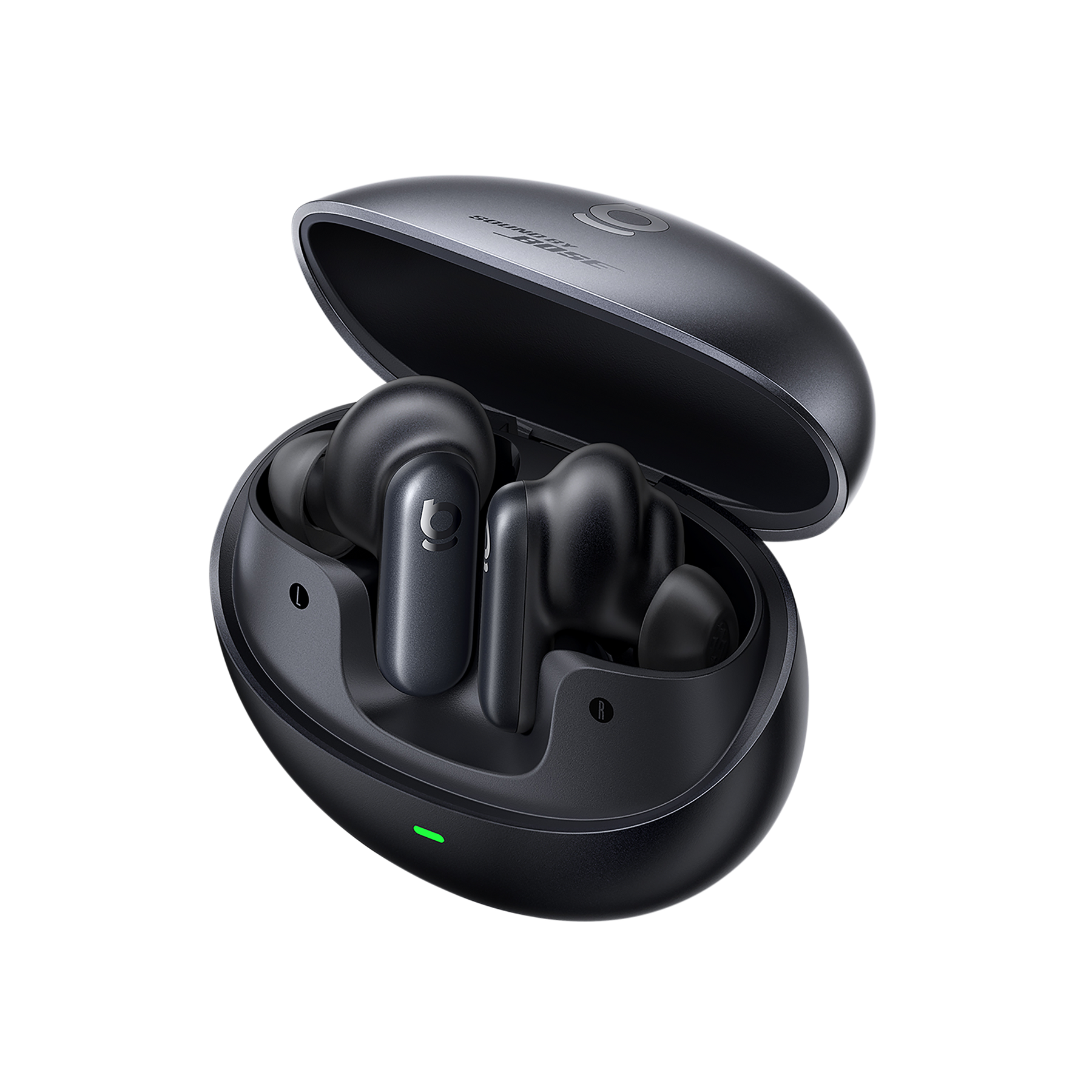 Black wireless earbuds in an open charging case on a white background