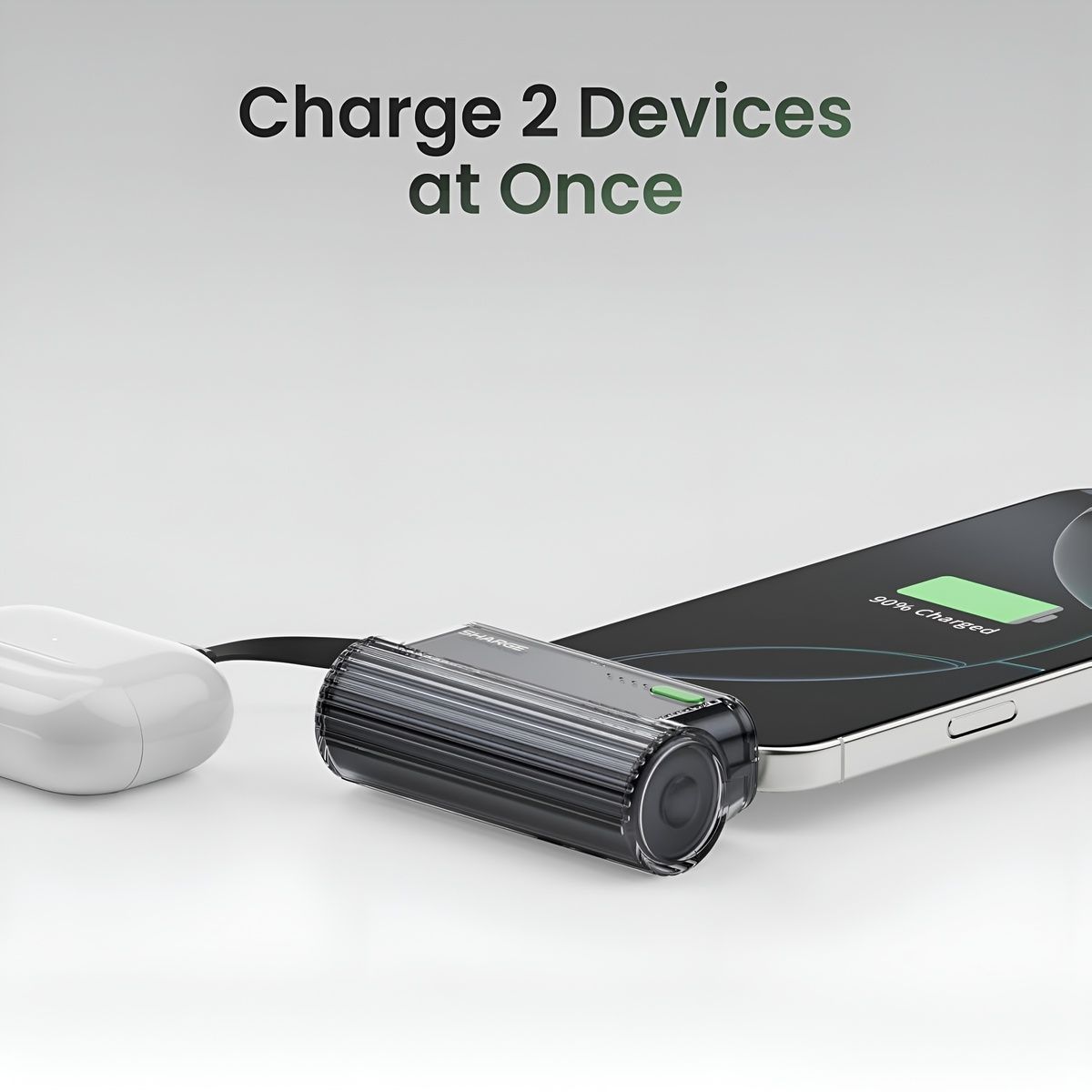 Sharge Flow Mini 2 22.5W Power Bank (5000mAh, Built‑in USB‑C & Lightning) Wireless charging pad with smartphone and white mouse on a light gray background