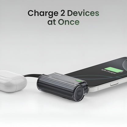 Sharge Flow Mini 2 22.5W Power Bank (5000mAh, Built‑in USB‑C & Lightning) Wireless charging pad with smartphone and white mouse on a light gray background