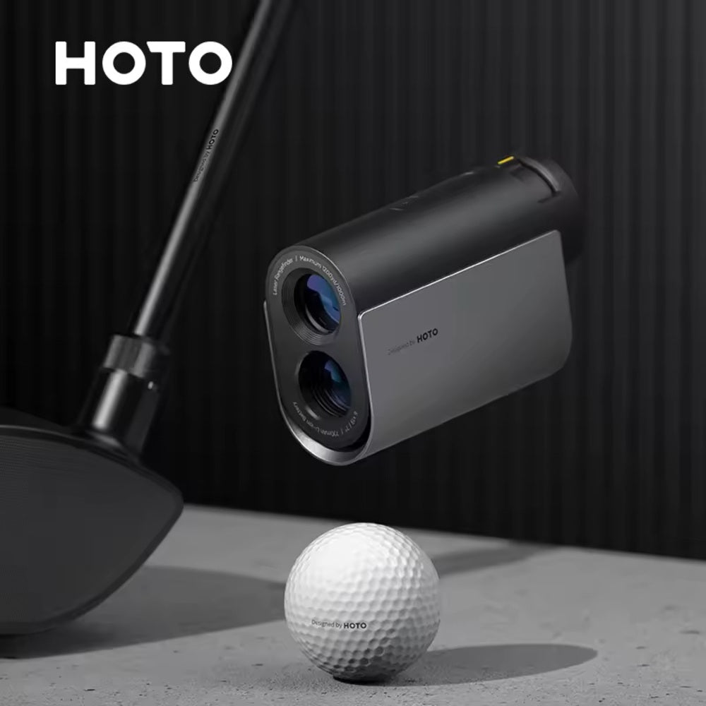 HOTO Golf Laser Rangefinder, HOTO rangefinder with golf club and ball on a dark background