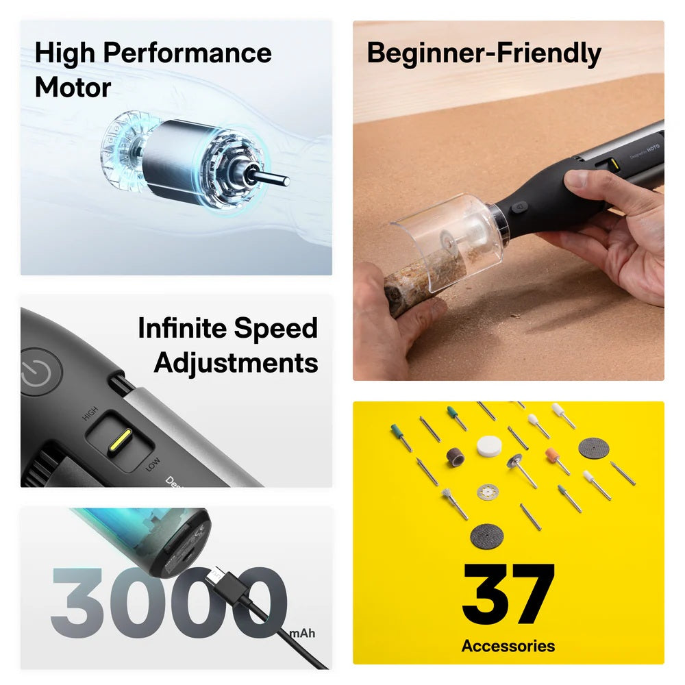 Product features including high performance motor, beginner-friendly design, infinite speed adjustments, 3000mAh battery, and 37 accessories on a yellow background.