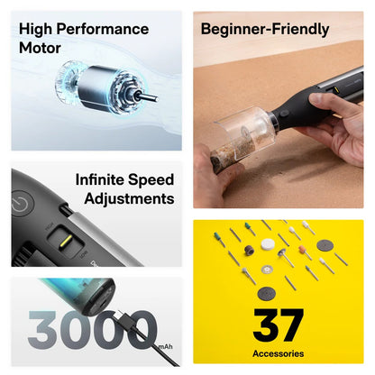 Product features including high performance motor, beginner-friendly design, infinite speed adjustments, 3000mAh battery, and 37 accessories on a yellow background.