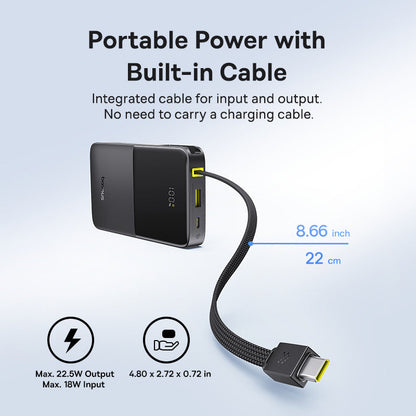 Portable power bank with built-in cable on a light blue background