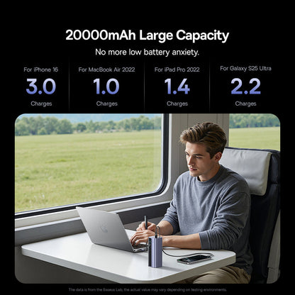 Person using a laptop on a train with battery capacity information displayed.