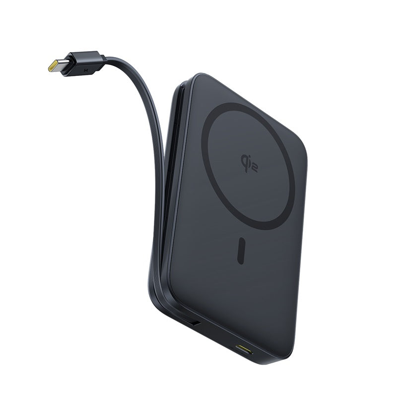 Baseus PicoGo Qi2 Power Bank with Built-in USB-C Cable 10000mAh 27W Front view Cosmic Black on white background