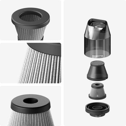 Collage of various vacuum filter components on a white background