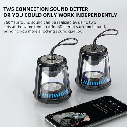 Two black and transparent speakers with blue LED lights on a white background, next to a smartphone.
