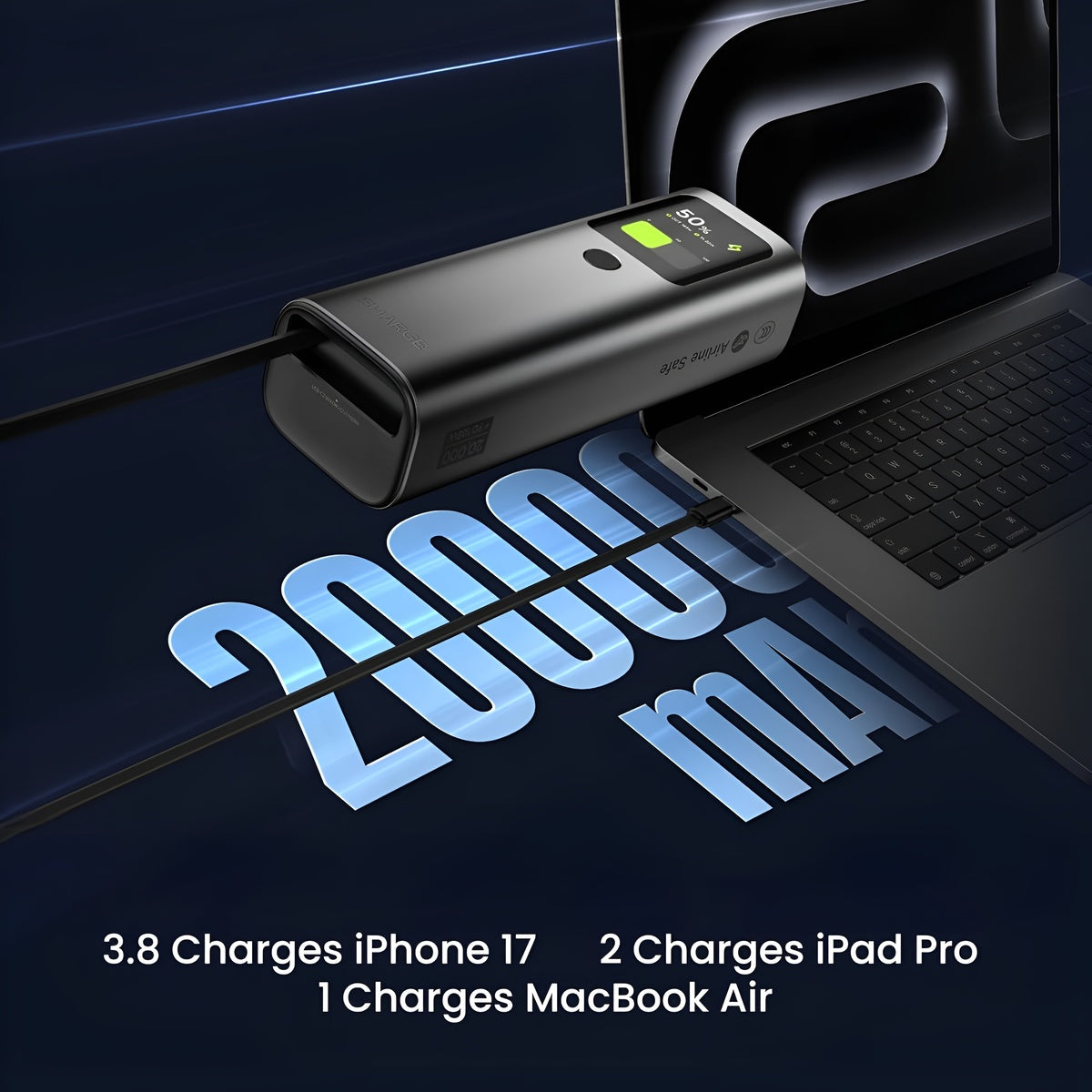 Sharge Retractable 165W Power Bank (20000mAh, Built‑in 100W USB‑C Cable) Black USB-C cable with charging capabilities displayed on a dark background