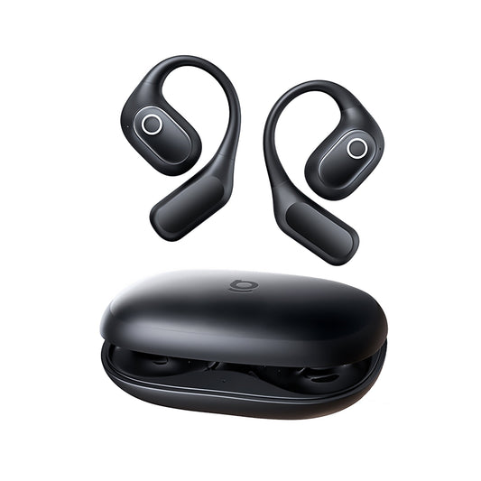 Black wireless earbuds with charging case on a white background