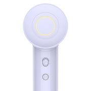 A close-up of a white handheld fan or hair dryer with a circular head and two control buttons on the handle, shown against a plain white background.