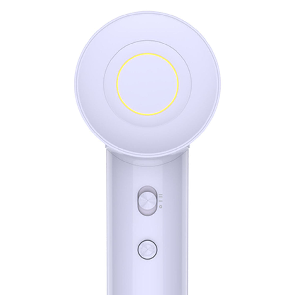 A close-up of a white handheld fan or hair dryer with a circular head and two control buttons on the handle, shown against a plain white background.