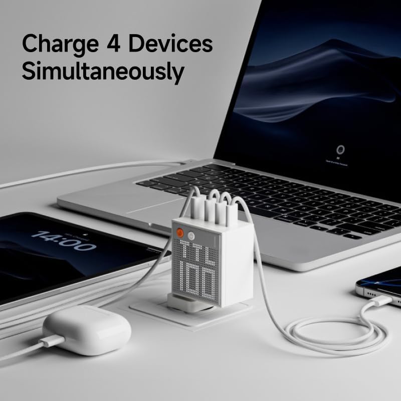 Sharge Pixel 100W GaN Charger (3×USB‑C, USB‑A, Dot‑Matrix Display) Laptop and smartphone charging from a multi-device charging station with text 'Charge 4 Devices Simultaneously'.