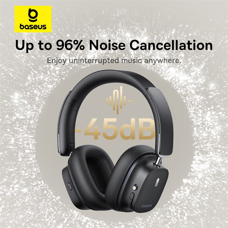 Baseus headphones with noise cancellation feature on a gray background