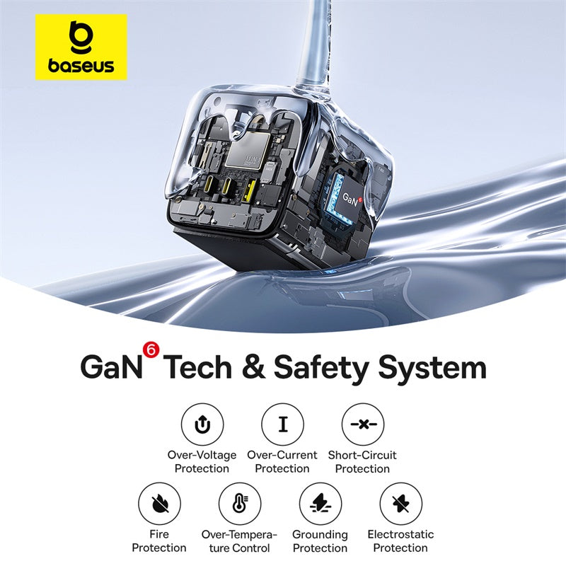 Baseus electronic device with GaN technology and safety system features on a water droplet background.