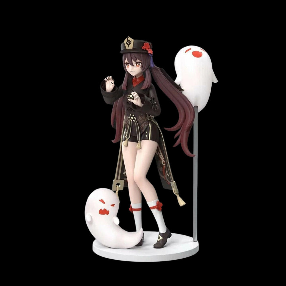 Figurine of a character with long dark hair and a ghost-like creature on a black background