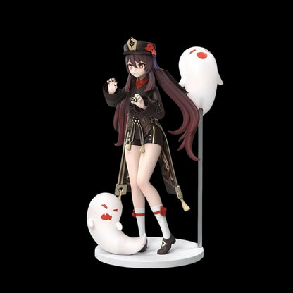 Figurine of a character with long dark hair and a ghost-like creature on a black background