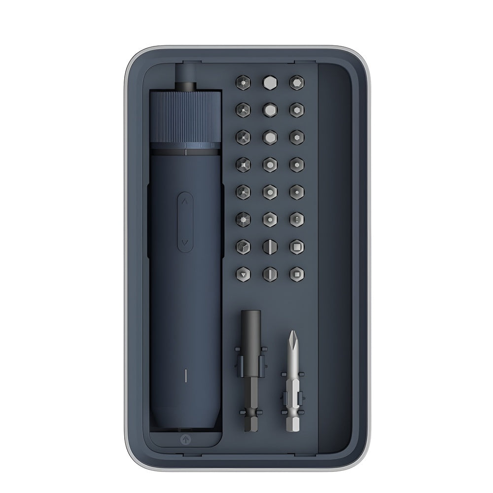 HOTO 3.6V Screwdriver Kit (Classic), Black electronic device with screws and tools in a gray case on a white background
