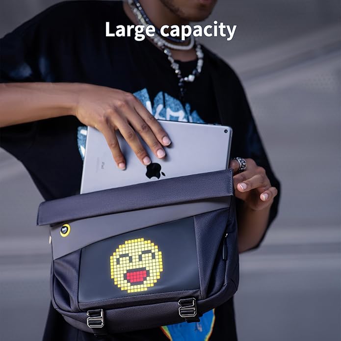 Divoom Pixoo Slingbag‑V Smart LED Sling Bag (4.7" Pixel Screen, App Control) Person holding a backpack with a digital emoji design, showing a large capacity.