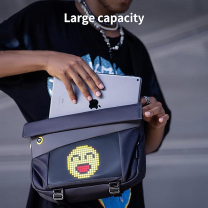 Divoom Pixoo Slingbag‑V Smart LED Sling Bag (4.7" Pixel Screen, App Control) Person holding a backpack with a digital emoji design, showing a large capacity.