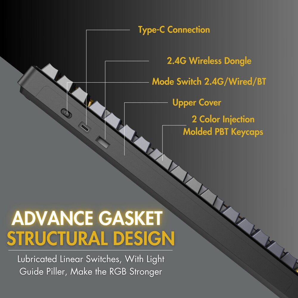 Close-up of a mechanical keyboard with labeled features on a dark background