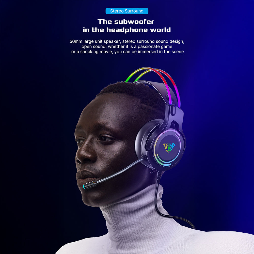 Gaming headset with RGB lighting worn by a person on a dark background