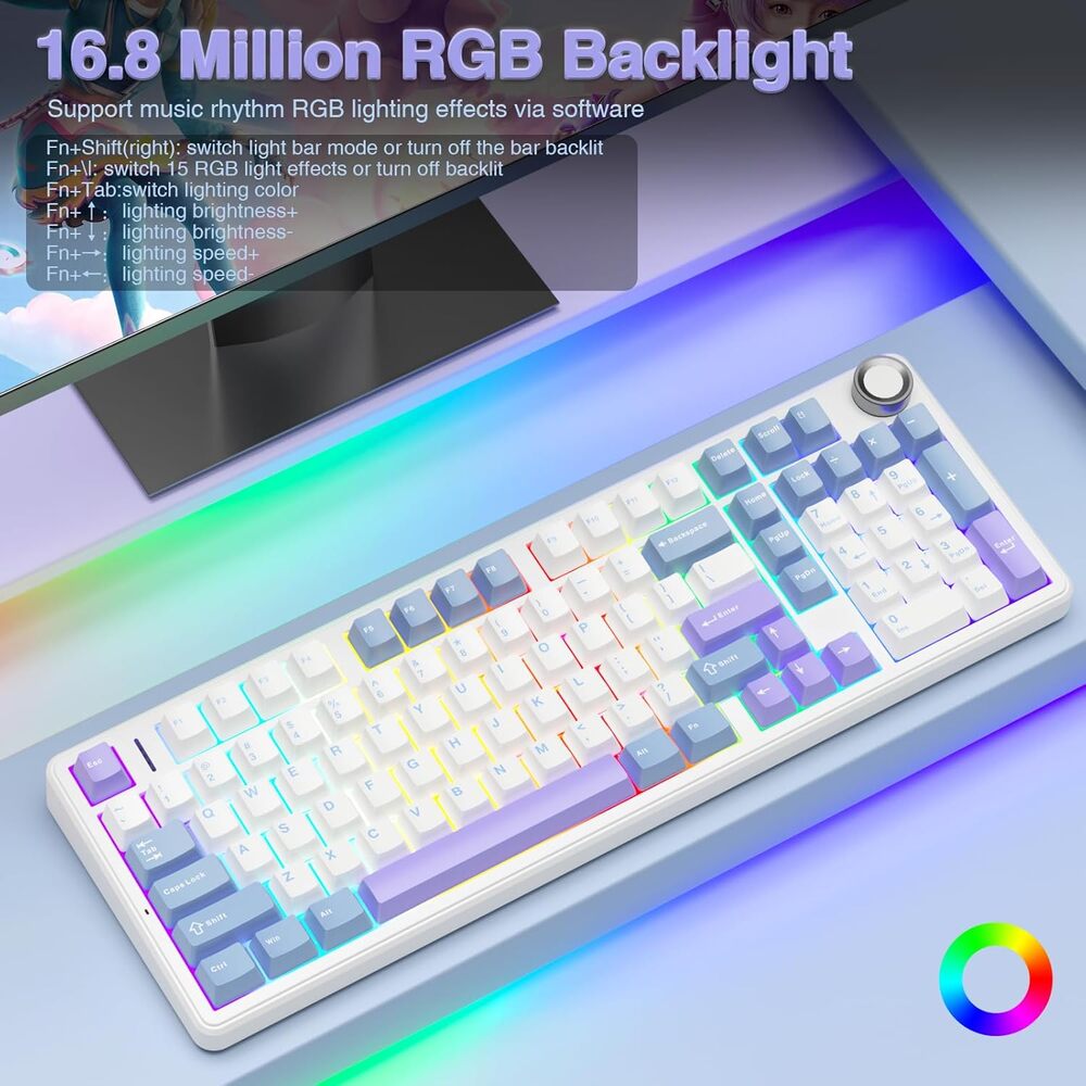 Keyboard with RGB backlighting on a desk, showing colorful lighting effects.