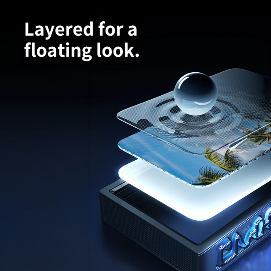 Divoom Times Frame 10.1" Transparent Smart Display (64GB, Wi‑Fi 6, RGB Lighting) Glass display case with a floating sphere on a dark background