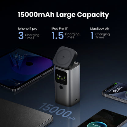 Sharge StandMag 15000 Power Bank (100W USB‑C, Qi2 MagSafe 15W, 15000mAh) 15000mAh power bank with charging times for iPhone 7 Pro, iPad Pro 11, and MacBook Air displayed on a dark background.