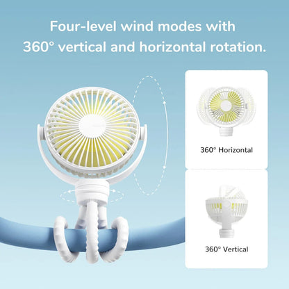 Jisulife Life1 Baby Clip Fan Portable 4000mAh Quiet Flexible has four level wind modes and 360deg vertical and horizontal rotation