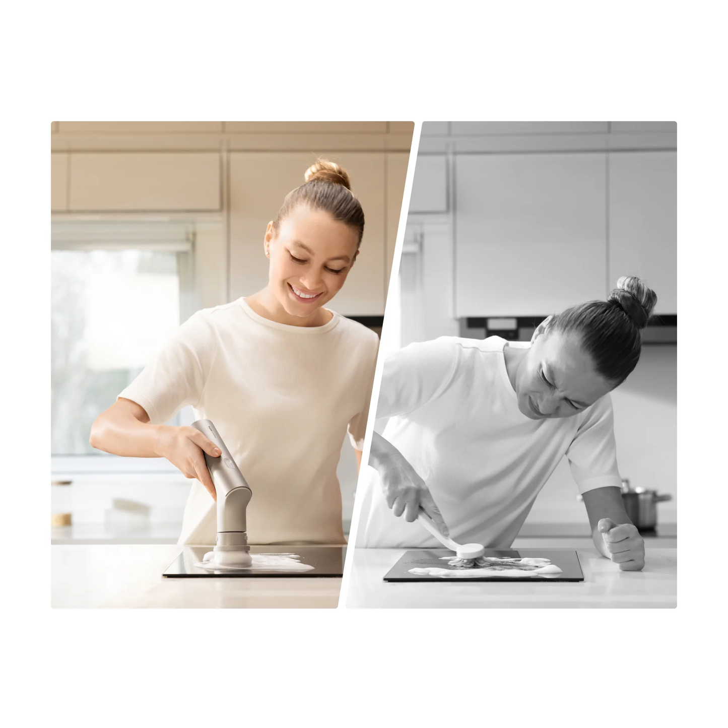 HOTO Electric Kitchen Scrubber, Two women using kitchen sinks with a focus on cleanliness and ease of use.