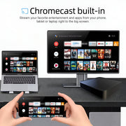 Chromecast device with laptop, smartphone, and TV displaying streaming platform interface.