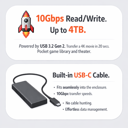 Sharge Disk Plus Ultra‑Slim SSD Enclosure (0.24", 10Gbps, 4TB, 100W PD) Product feature card with 10Gbps read/write speed and USB-C cable on a light gray background