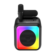 Black portable speaker with colorful LED lights on a white background