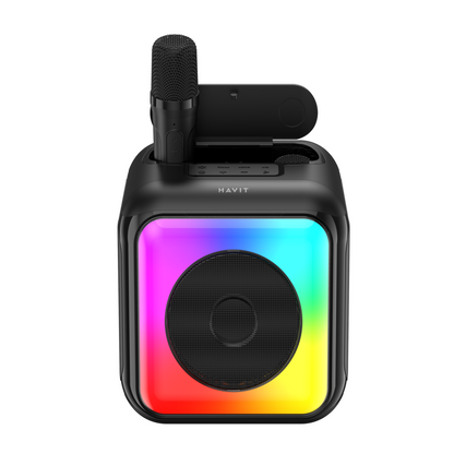 Black portable speaker with colorful LED lights on a white background
