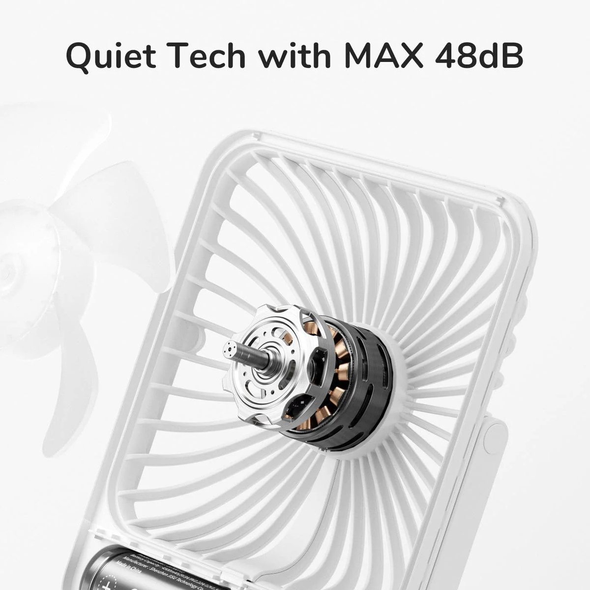 Jisulife Life1 Foldable Table Fan 2000mAh Portable USB-C Portable fan with motor and text 'Quiet Tech with MAX 48dB' on a white background