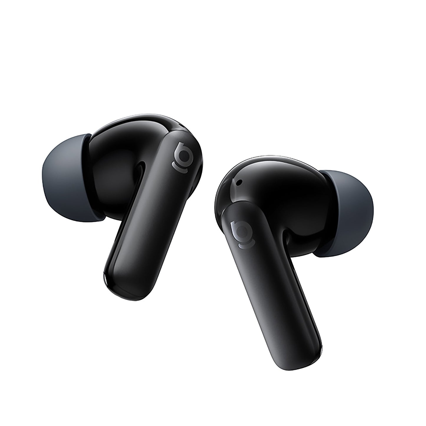 Black wireless earbuds on a white background