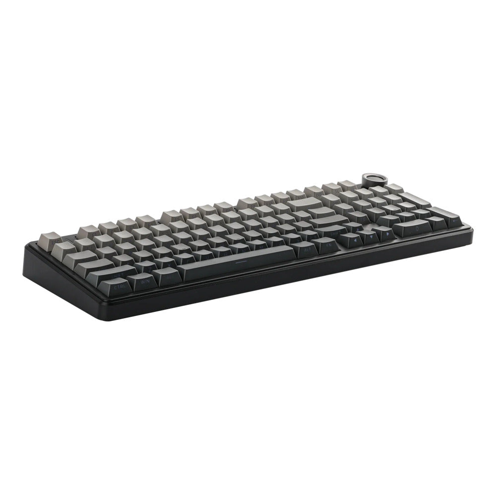 Mechanical keyboard with black frame and gray keys on a white background