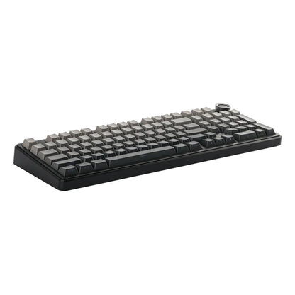 Mechanical keyboard with black frame and gray keys on a white background