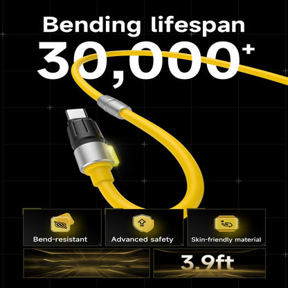 Sharge Phantom USB‑C to USB‑C Cable (240W PD 3.1, 1.2m Silicone, LED Indicator) Yellow cable with connectors on a black background, highlighting its lifespan and features.