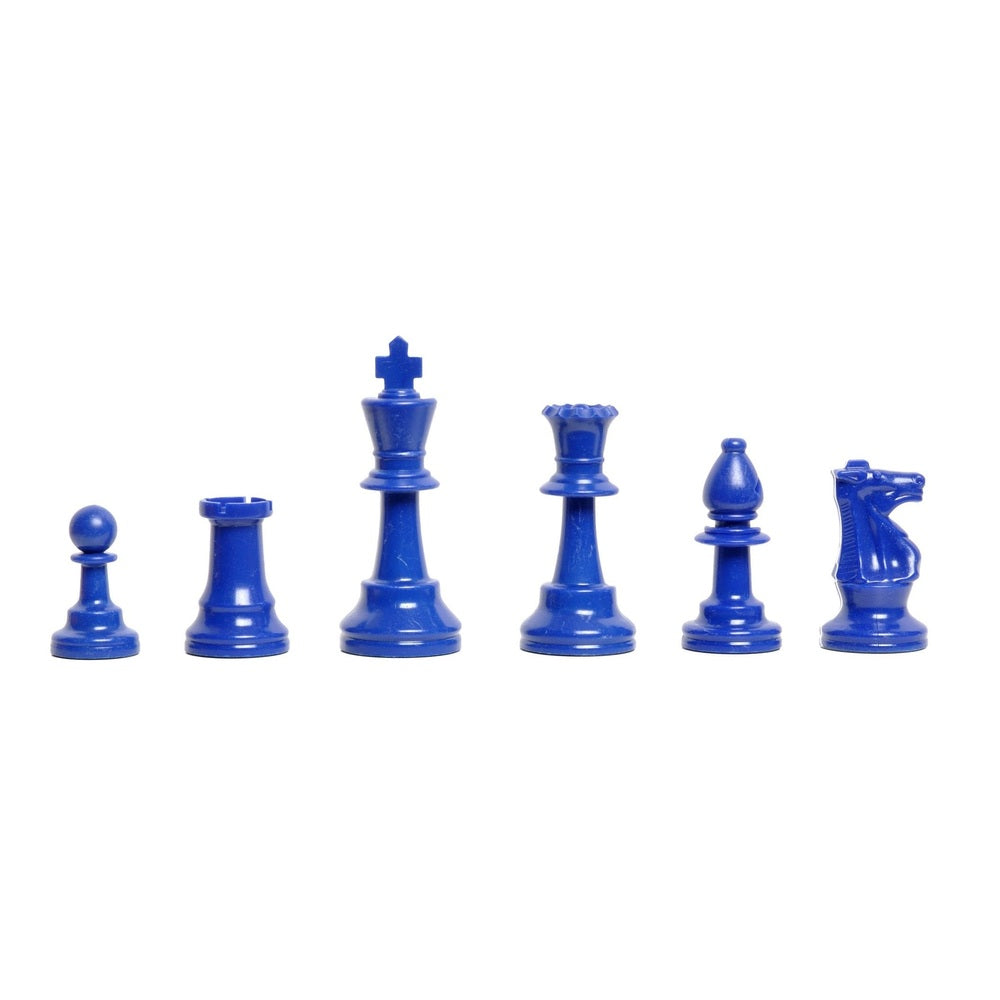 Set of blue chess pieces on a white background