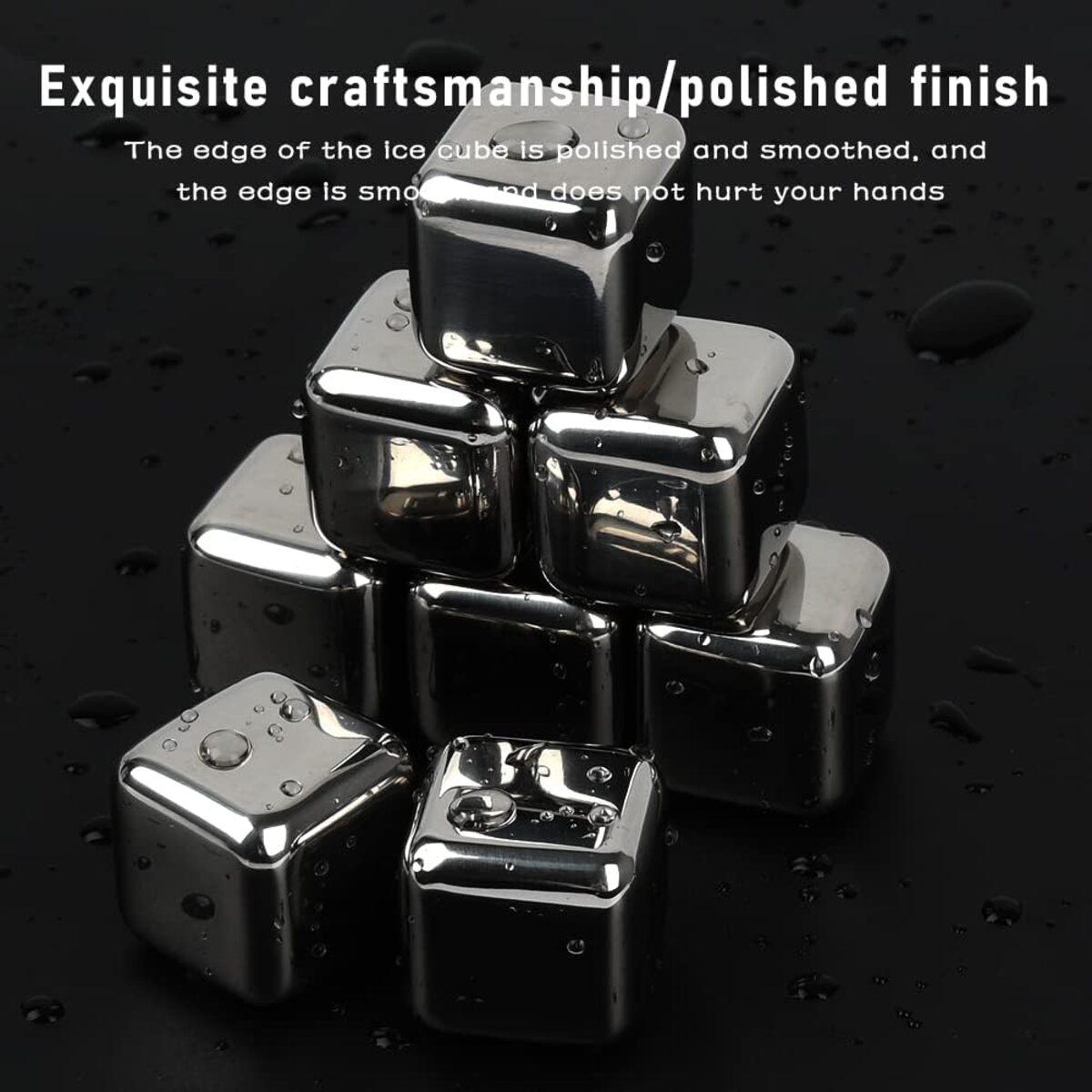 Metal ice cubes on a black background with text about craftsmanship.