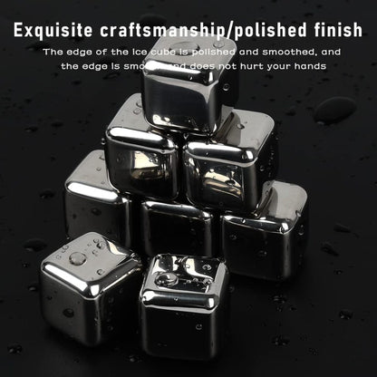Metal ice cubes on a black background with text about craftsmanship.