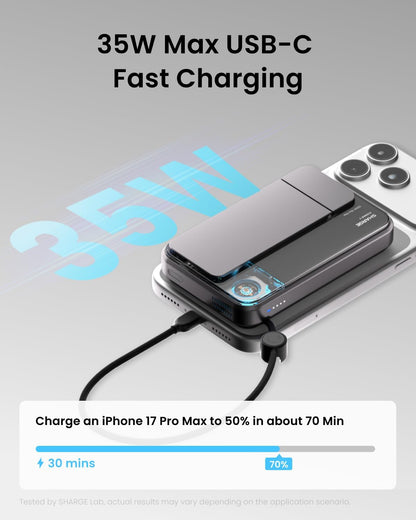 Sharge ICEMAG 3 MagSafe Power Bank (10000mAh, 25W Wireless, 35W USB‑C PD) Fast charging device with smartphone on a gray background, highlighting 35W USB-C fast charging.